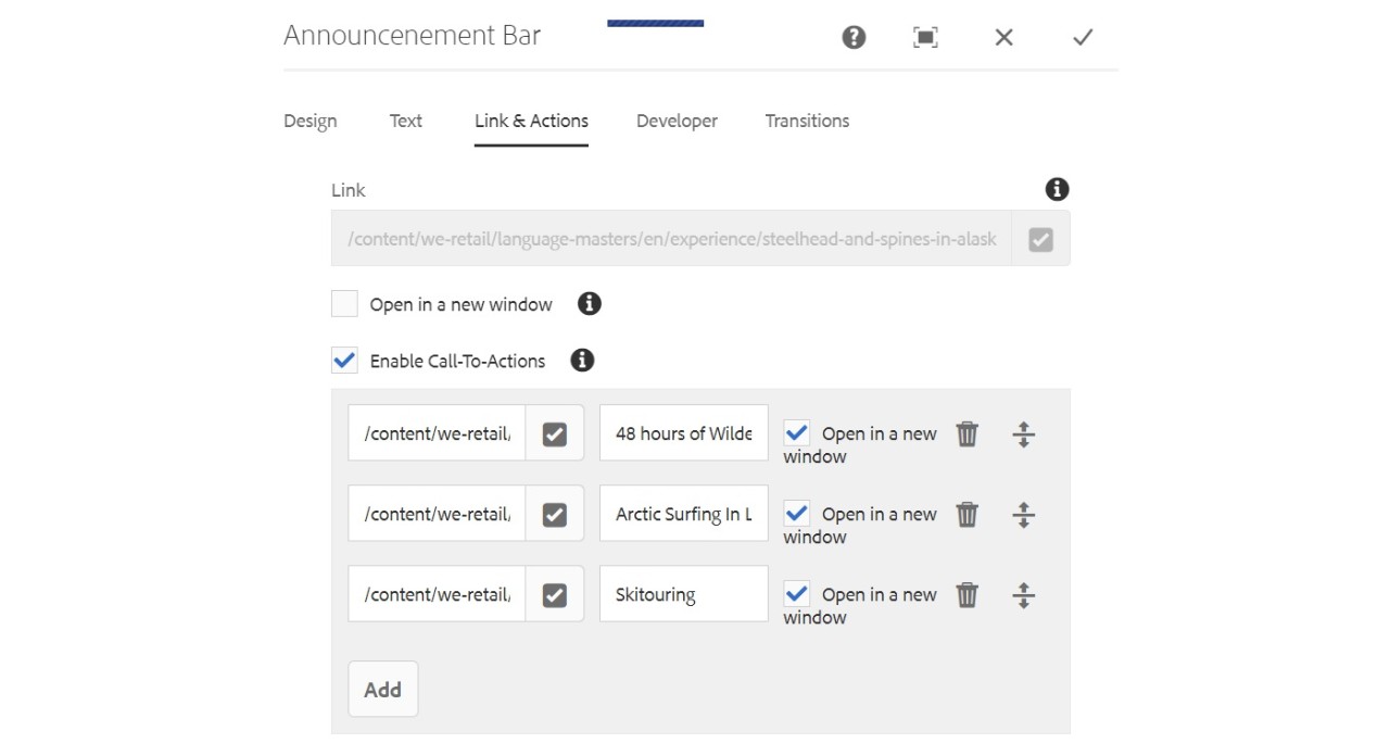 Announcement Bar Link and Action Tab 