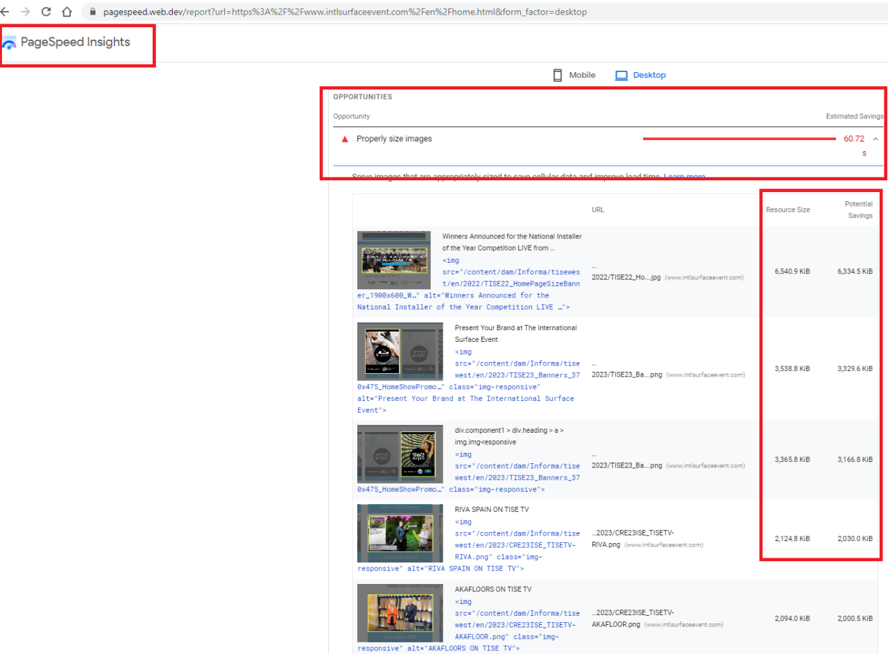 PageSpeed Insights showing images that if properly sized can have massive savings